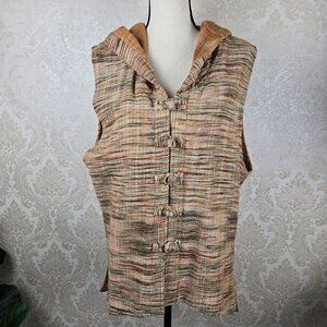 Primitive Size Medium Tan Green Cotton Vest Hood Fabric Button Frogs Stripes Vtg